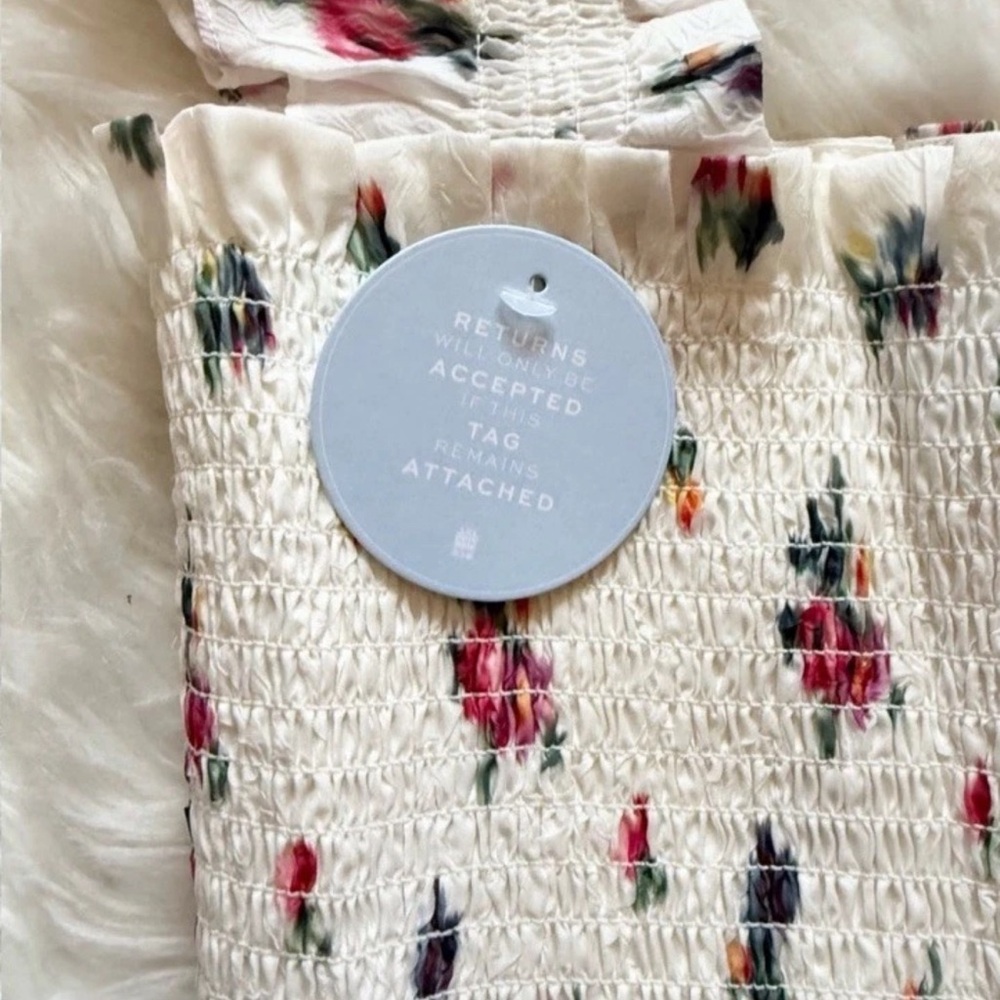 New HILL HOUSE Ellie Floral Smocked Midi Nap Dress in Ivory Crushed Taffeta Ikat - Picture 12 of 16